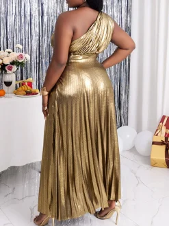 One-Shoulder Glitter Pleated Maxi Dress