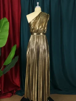 One-Shoulder Glitter Pleated Maxi Dress
