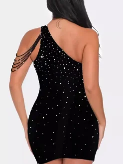 One-Shoulder Rhinestone Cutout Mini Dress