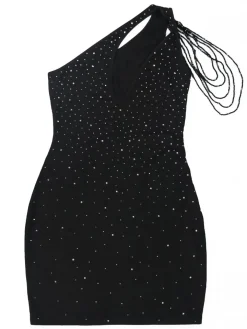 One-Shoulder Rhinestone Cutout Mini Dress