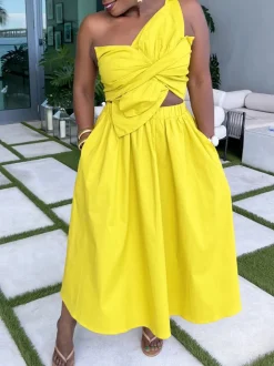 One-Shoulder Ruched Petal Cutout Dress