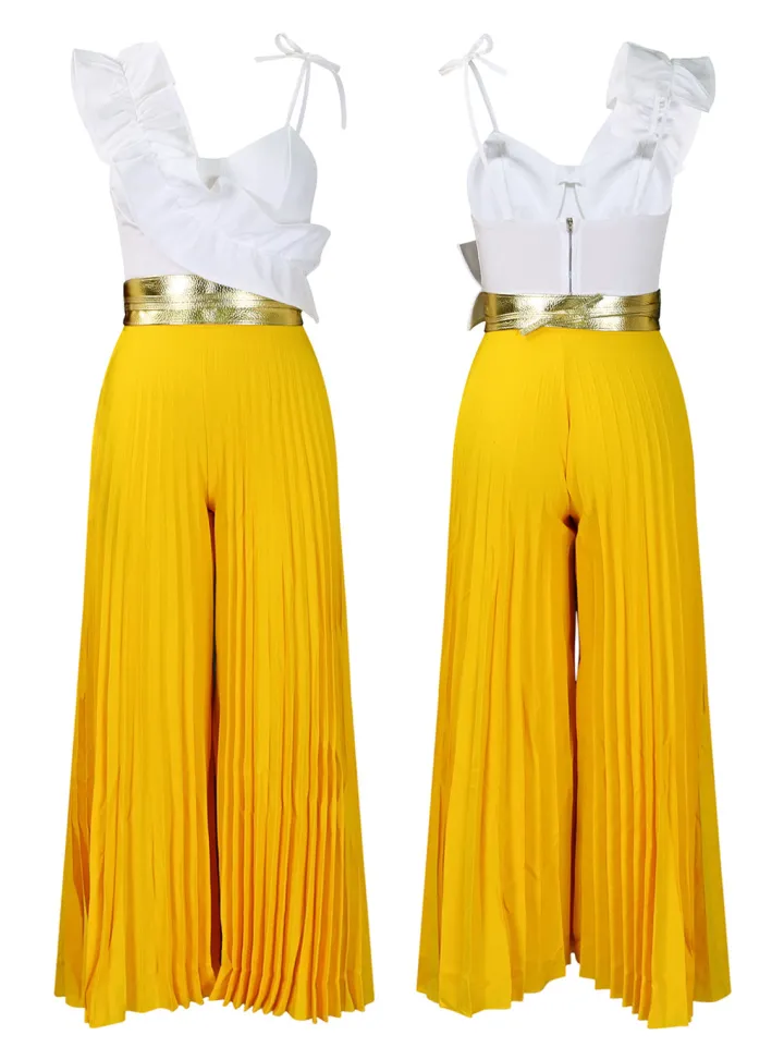 One-Shoulder Ruffle Pleated Pants Set