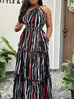 One-Shoulder Striped Backless Maxi Dress