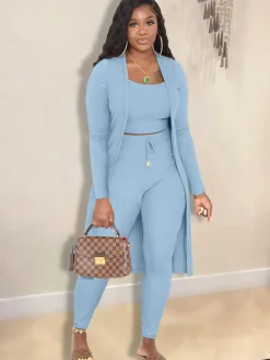 Open Front Cardigan Long Pants Three Piece Outfits