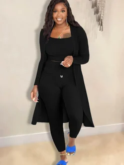 Open Front Cardigan Long Pants Three Piece Outfits