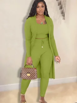 Open Front Cardigan Long Pants Three Piece Outfits