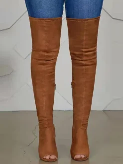 Open-Toe Side Zipper Suede Knee-High Boots