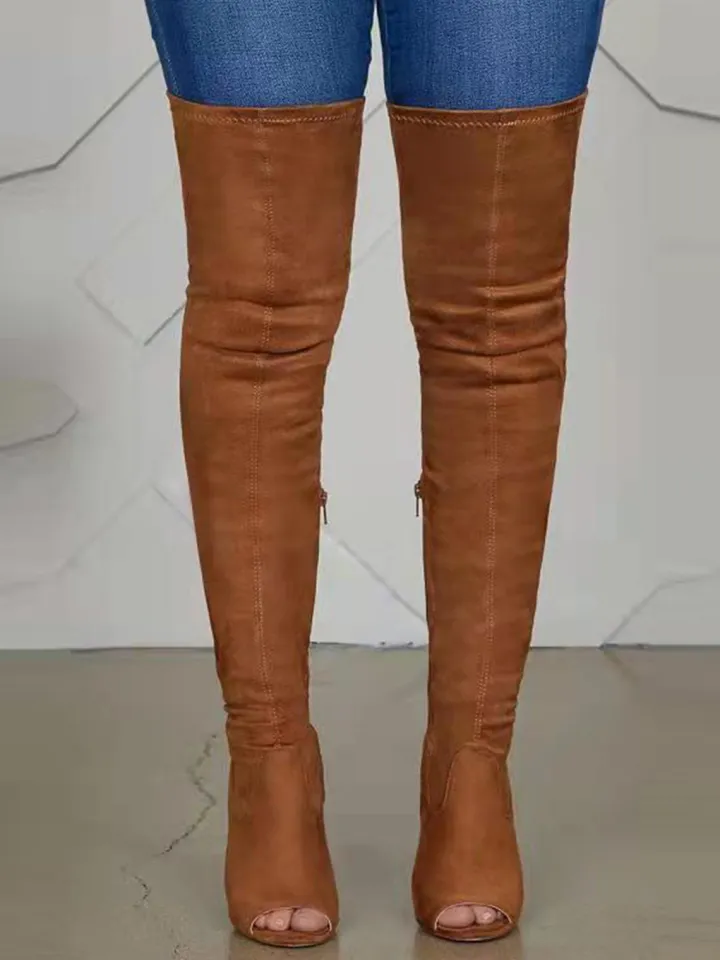 Open-Toe Side Zipper Suede Knee-High Boots