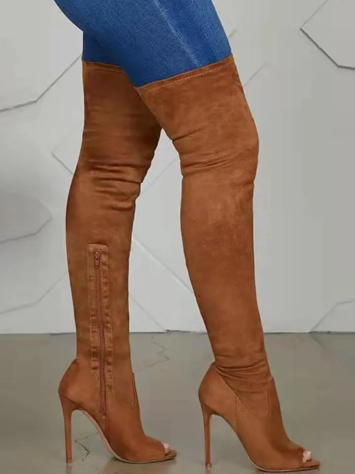 Open-Toe Side Zipper Suede Knee-High Boots