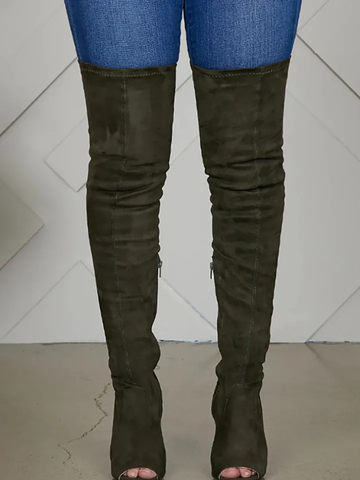 Open-Toe Side Zipper Suede Knee-High Boots