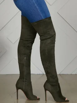 Open-Toe Side Zipper Suede Knee-High Boots