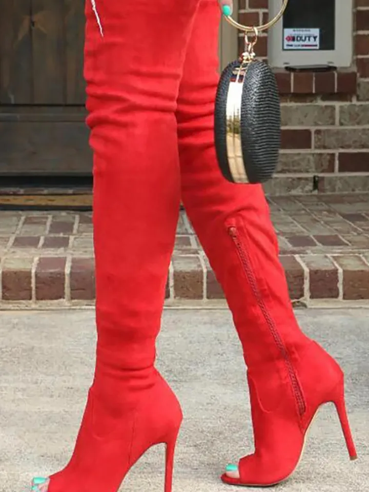 Open-Toe Side Zipper Suede Knee-High Boots