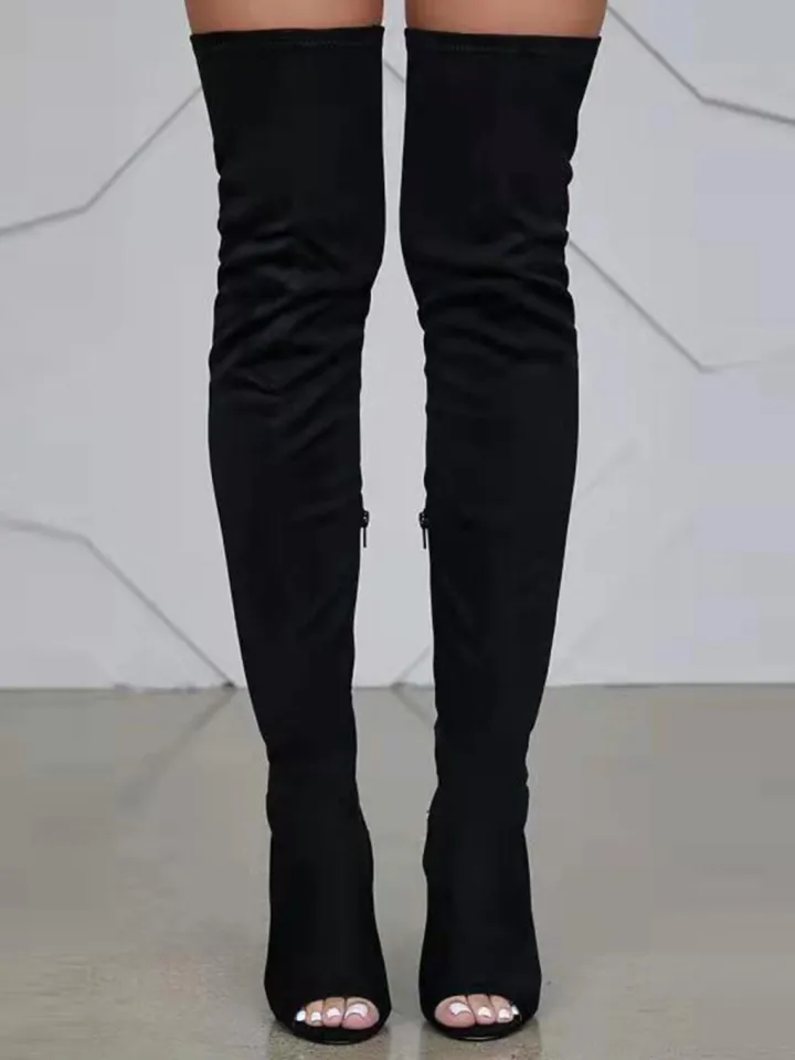 Open-Toe Side Zipper Suede Knee-High Boots