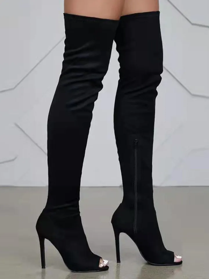 Open-Toe Side Zipper Suede Knee-High Boots