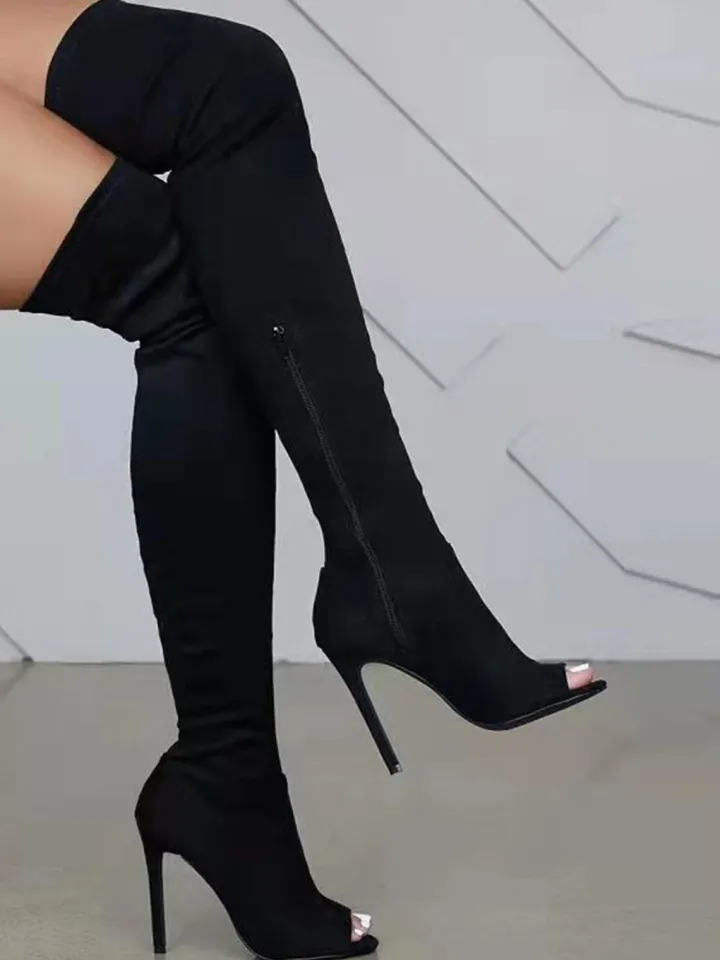 Open-Toe Side Zipper Suede Knee-High Boots