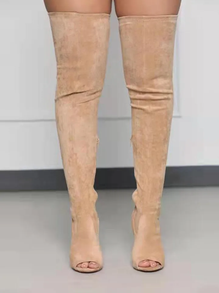 Open-Toe Side Zipper Suede Knee-High Boots