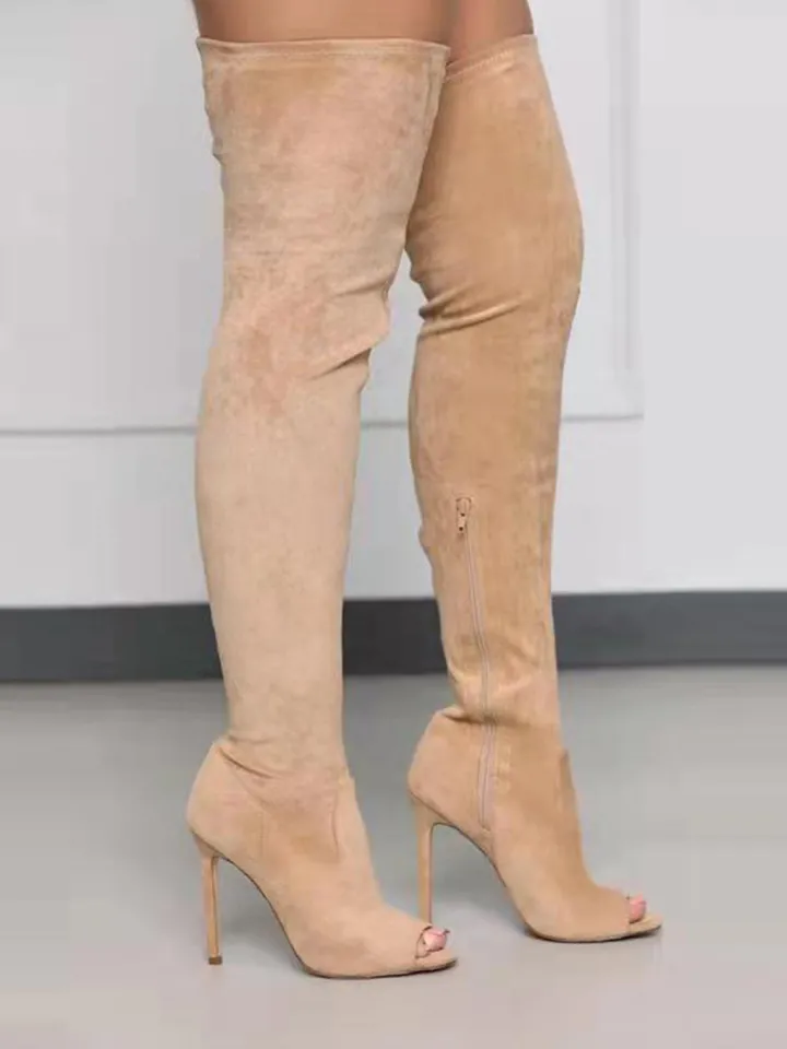 Open-Toe Side Zipper Suede Knee-High Boots