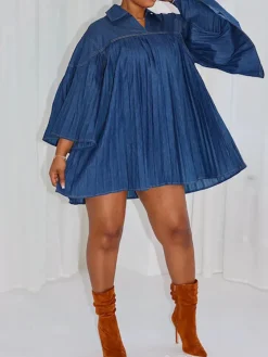 Oversized Denim Pleated A-Line Shirt Dress