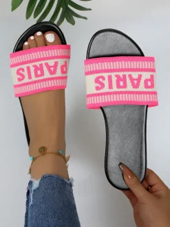 Paris Letter Knit Band Slide Sandals