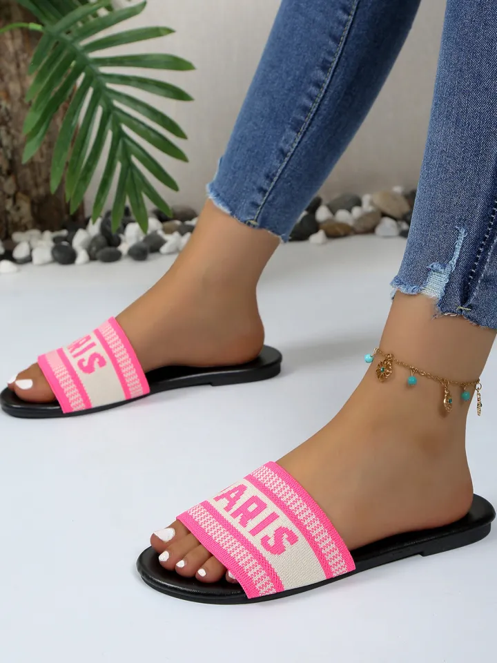 Paris Letter Knit Band Slide Sandals