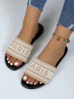 Paris Letter Knit Band Slide Sandals