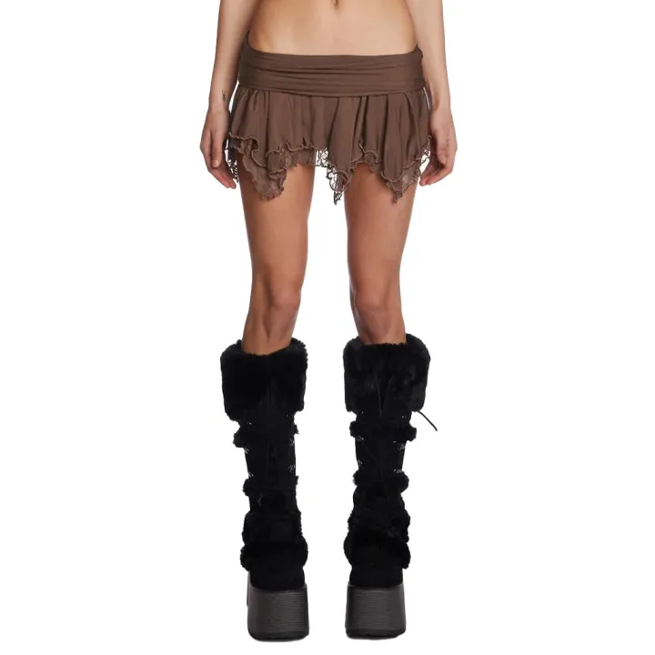 Patchwork Lace Ruffle Pleated Mini Skirt