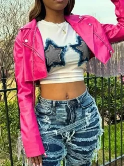 Patchwork Star Cropped Round Neck T-Shirt