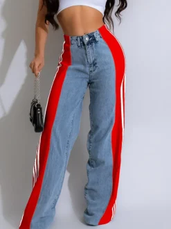 Patchwork Stripe Wide Leg Denim Pants