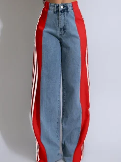 Patchwork Stripe Wide Leg Denim Pants