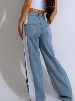 Patchwork Stripe Wide Leg Denim Pants