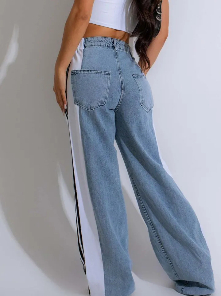 Patchwork Stripe Wide Leg Denim Pants