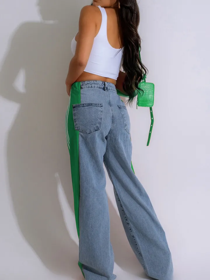 Patchwork Stripe Wide Leg Denim Pants