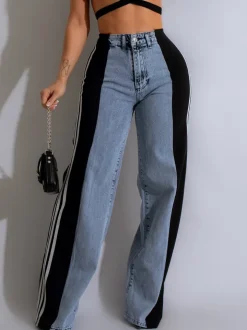 Patchwork Stripe Wide Leg Denim Pants