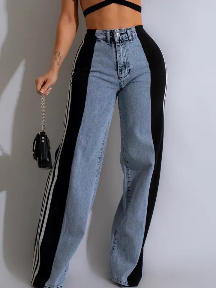 Patchwork Stripe Wide Leg Denim Pants