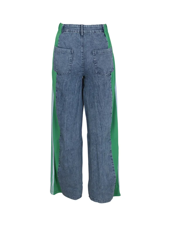 Patchwork Stripe Wide Leg Denim Pants