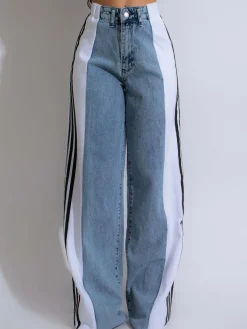 Patchwork Stripe Wide Leg Denim Pants
