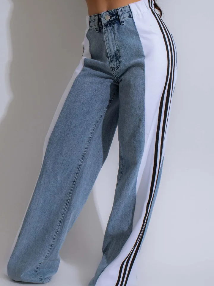 Patchwork Stripe Wide Leg Denim Pants