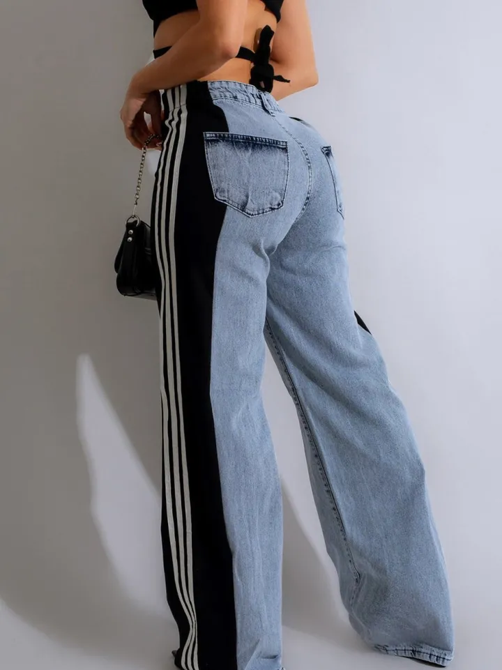 Patchwork Stripe Wide Leg Denim Pants
