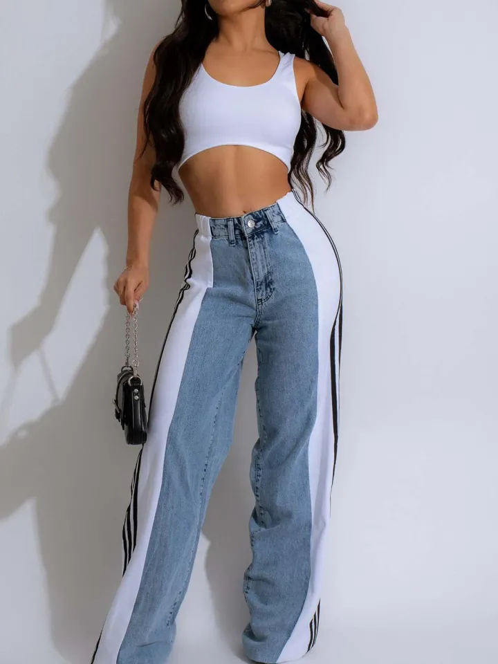 Patchwork Stripe Wide Leg Denim Pants