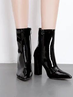 Patent Leather Pointed Toe Zipper Boots
