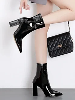 Patent Leather Pointed Toe Zipper Boots