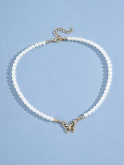 Pearl Butterfly Pendant Collar Necklace