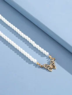 Pearl Butterfly Pendant Collar Necklace
