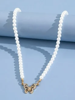 Pearl Butterfly Pendant Collar Necklace