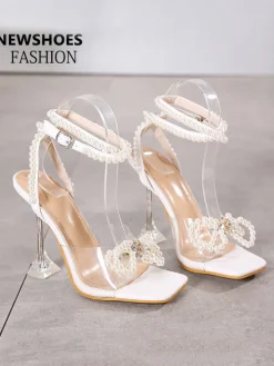 Pearl Rhinestone Bow Tie Heel Sandal