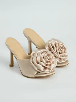 Peep Toe Satin Floral Stiletto Heeled Mules