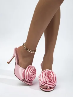 Peep Toe Satin Floral Stiletto Heeled Mules