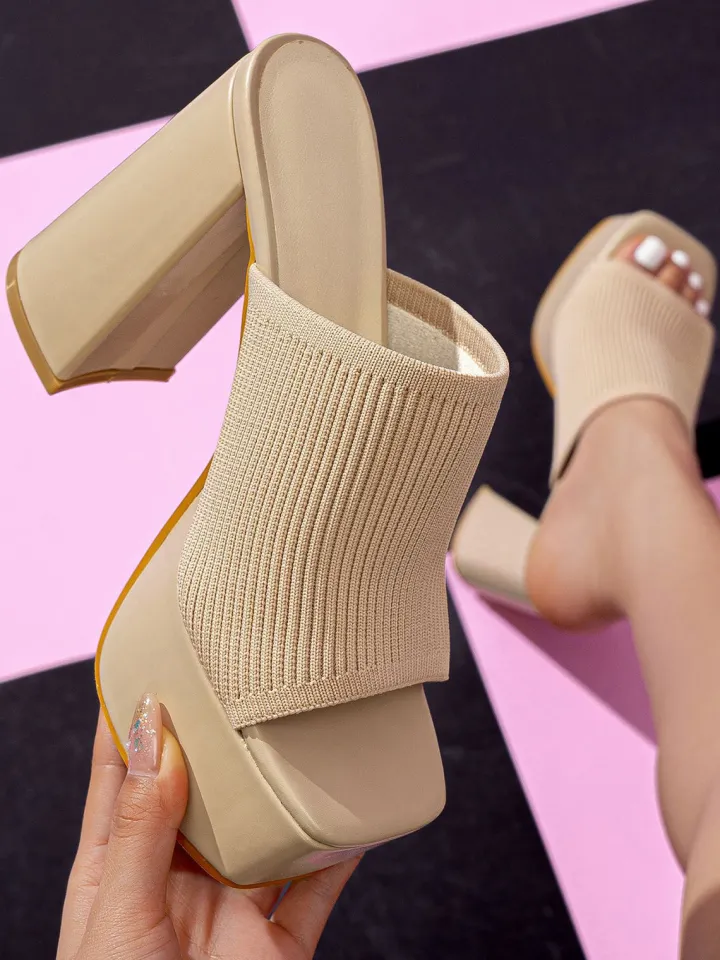 Peep-Toe Knit Platform Heels Slides