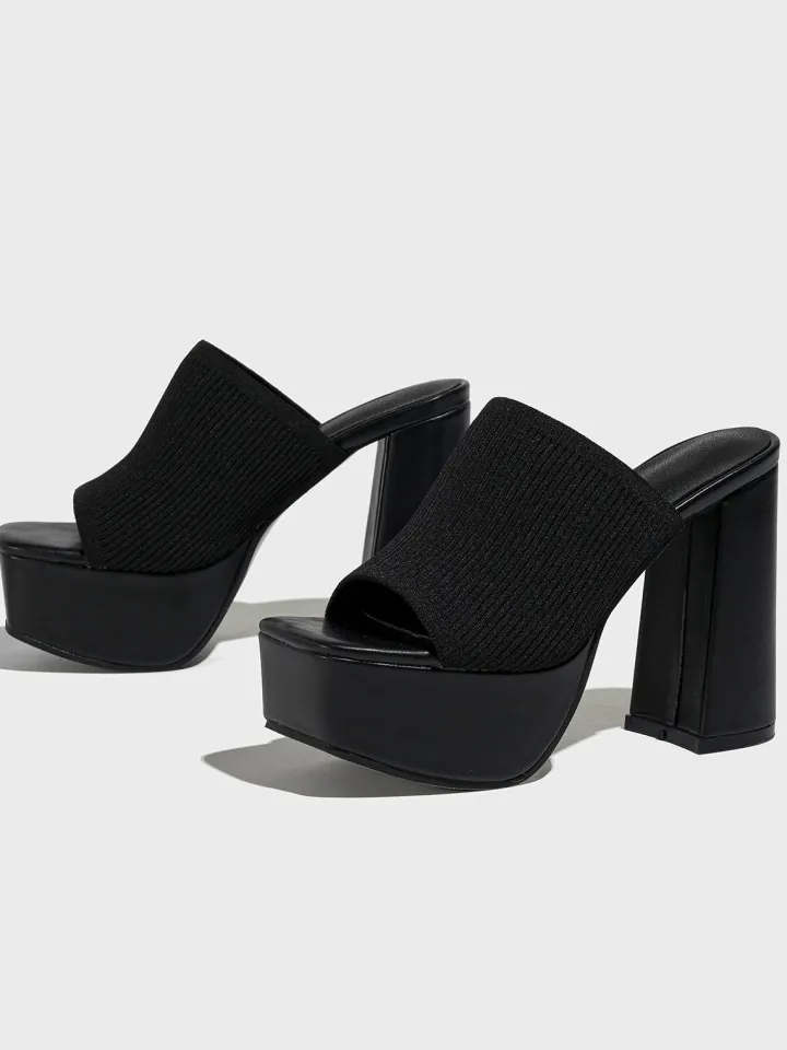 Peep-Toe Knit Platform Heels Slides