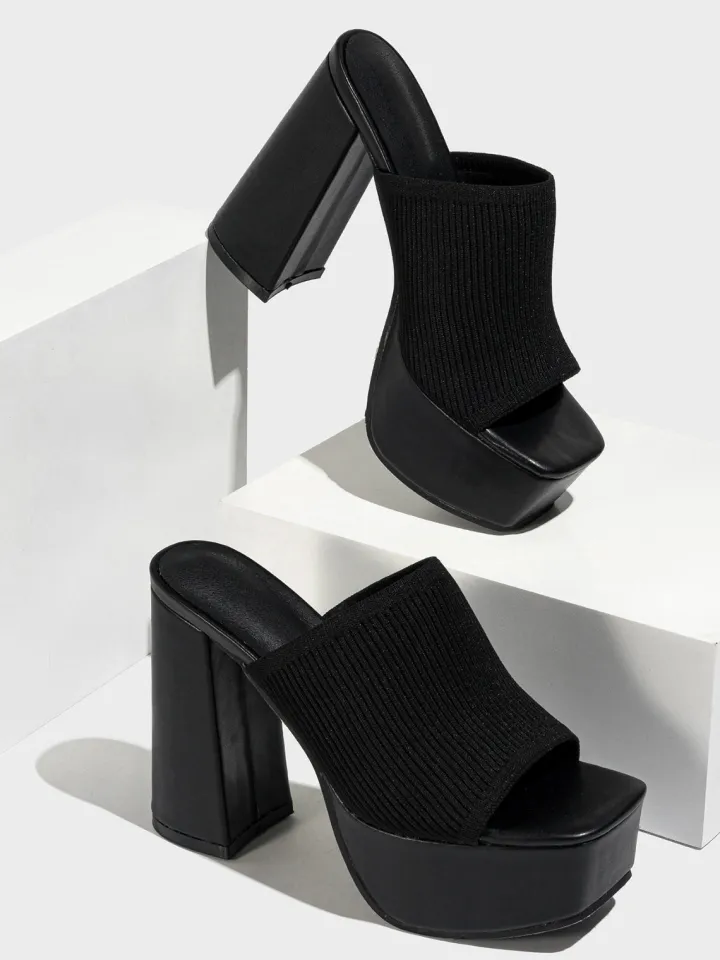 Peep-Toe Knit Platform Heels Slides